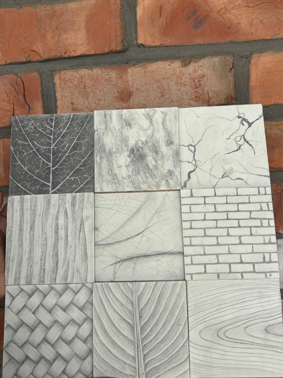 Nine textures — graphite on tile board